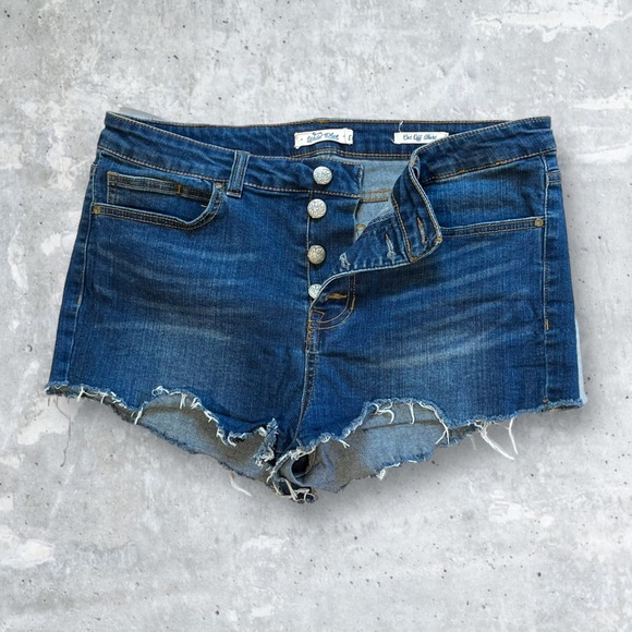 Wild Blue Button Fly, Distressed Denim Shorts - Picture 5 of 13
